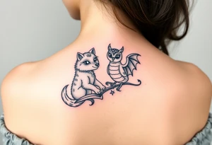 An open book with a werewolf, an owl & a dragon tattoo idea