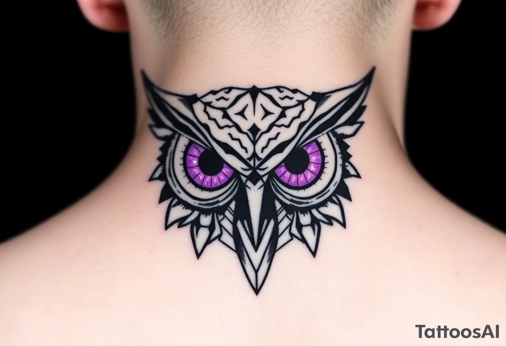 Geometric Owl head with large intense tripping purple eyes without pupils, cyber tattoo idea