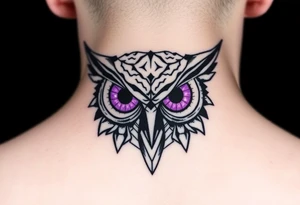 Geometric Owl head with large intense tripping purple eyes without pupils, cyber tattoo idea