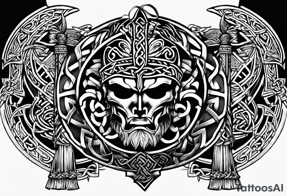 Side profile wide shot of Celtic warrior weapons unsheathed tattoo idea