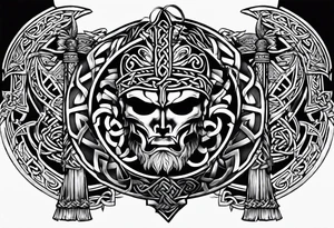 Side profile wide shot of Celtic warrior weapons unsheathed tattoo idea