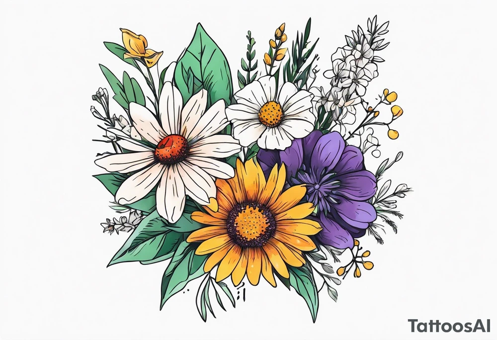 saturated mixed wildflower bouquet with greenery and detailed with color tattoo idea