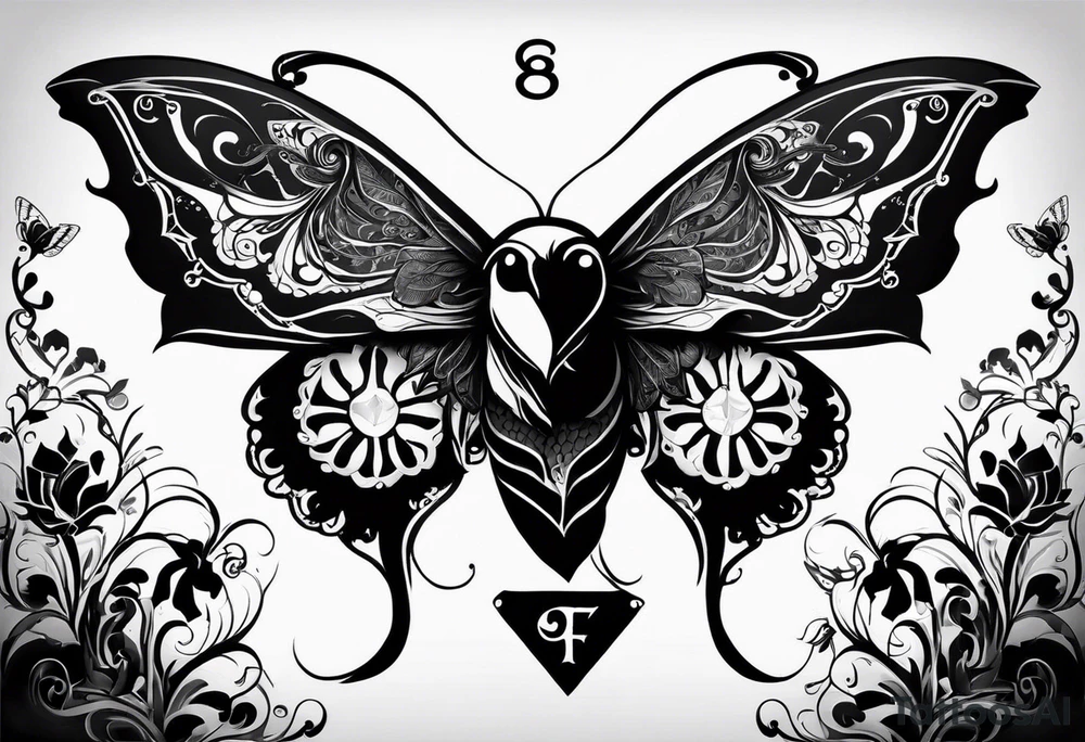 A black and white tattoo.
A butterfly flies. A raven flies. 
The animals fly around the name Malia.

In the background is the name Malia.
In the background is the name SKF.
The number 89 can be seen in the background.
There is also a scorpion in the wing of the butterfly.
This tattoo is black and white and on the arm. tattoo idea