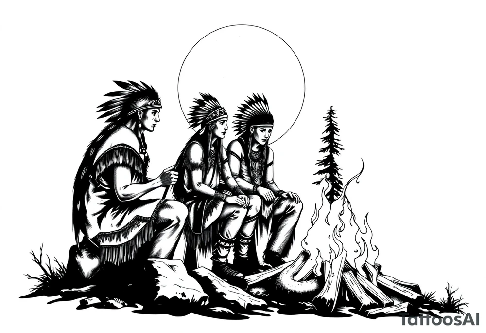 Native americans by campfire silhouette in moonlight in nature tattoo idea