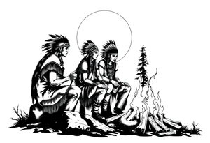 Native americans by campfire silhouette in moonlight in nature tattoo idea