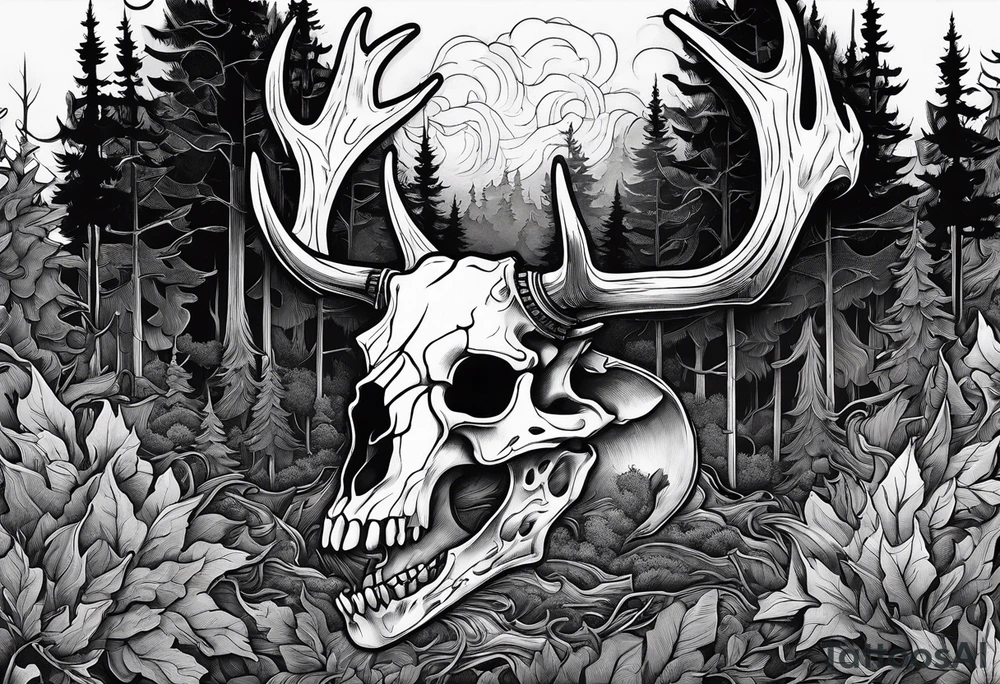 A side view of a decayed deer skull JUST BONE surrounded by trees and fire in background tattoo idea