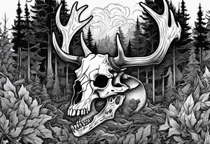 A side view of a decayed deer skull JUST BONE surrounded by trees and fire in background tattoo idea
