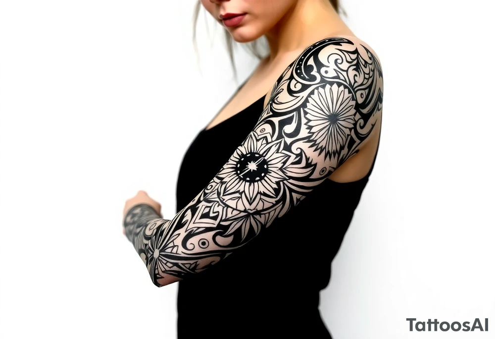 shaman style mytical bold line with rhyme tattoo idea