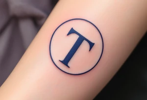 A minimalist "T" in solid navy blue, centered within a thin circle. tattoo idea