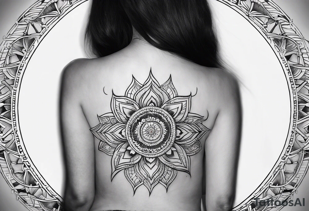 Ornamental Mandala Tattoo on Woman’s Spine fine line, flower, moon, balance, eternity, perfection, love, patience, rising out of suffering tattoo idea