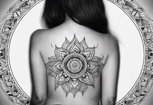 Ornamental Mandala Tattoo on Woman’s Spine fine line, flower, moon, balance, eternity, perfection, love, patience, rising out of suffering tattoo idea
