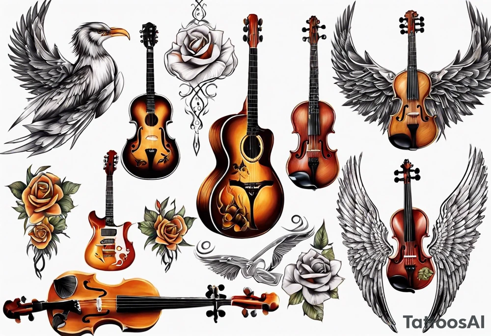 CROSSEED ACOUSTIC GUITAR AND VIOLIN WITH WINGS tattoo idea