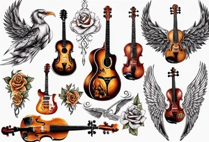 CROSSEED ACOUSTIC GUITAR AND VIOLIN WITH WINGS tattoo idea