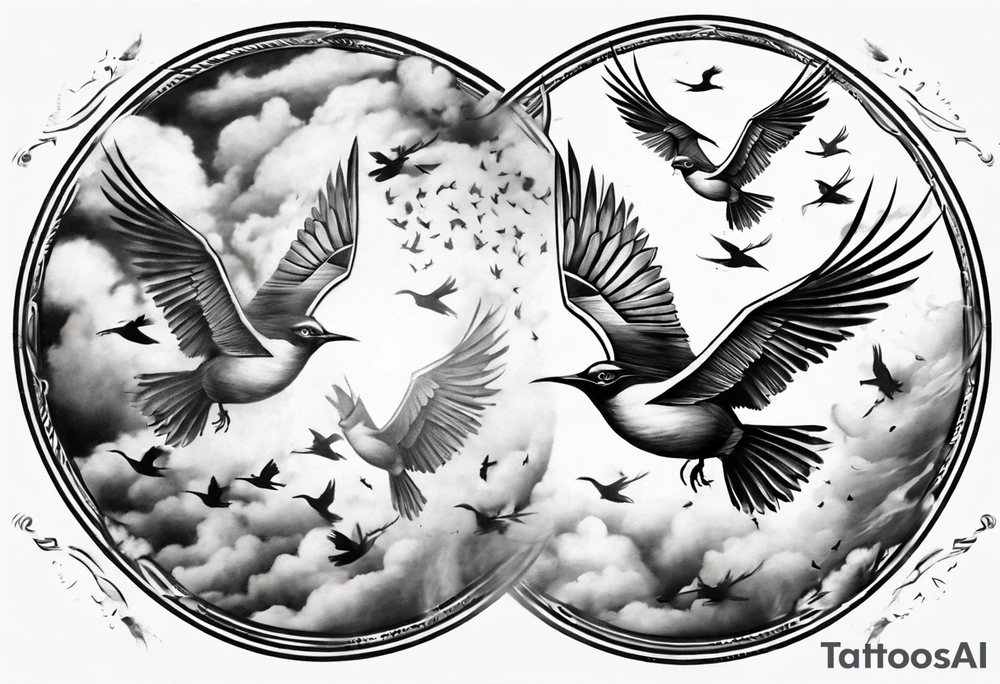 shoulder tattoo with light rays with birds flying free among the clouds, round shape, 3d effect tattoo idea