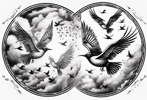 shoulder tattoo with light rays with birds flying free among the clouds, round shape, 3d effect tattoo idea