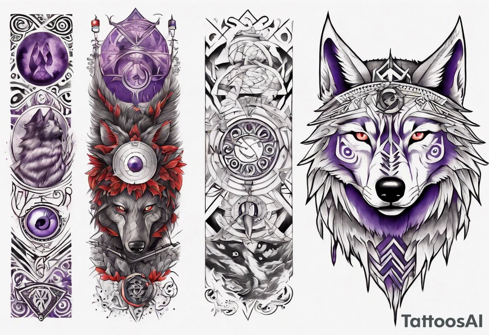 want a half sleeve on my left forearm featuring a wolf with a vegvisir for its purple and red eye, surrounded by Māori patterns and Norse symbols tattoo idea