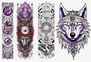 want a half sleeve on my left forearm featuring a wolf with a vegvisir for its purple and red eye, surrounded by Māori patterns and Norse symbols tattoo idea