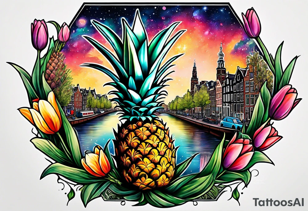 Pineapples and tulips under canal in Amsterdam with Amsterdam houses filled with animals and wildlife in space featuring galaxy colours tattoo idea