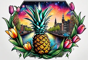 Pineapples and tulips under canal in Amsterdam with Amsterdam houses filled with animals and wildlife in space featuring galaxy colours tattoo idea