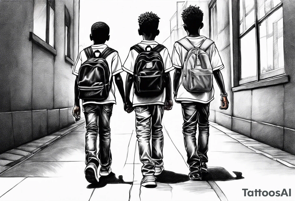 full bodies of 3 black school age boys walking away together and one is looking to the side at the one in the middle tattoo idea