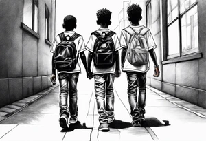 full bodies of 3 black school age boys walking away together and one is looking to the side at the one in the middle tattoo idea