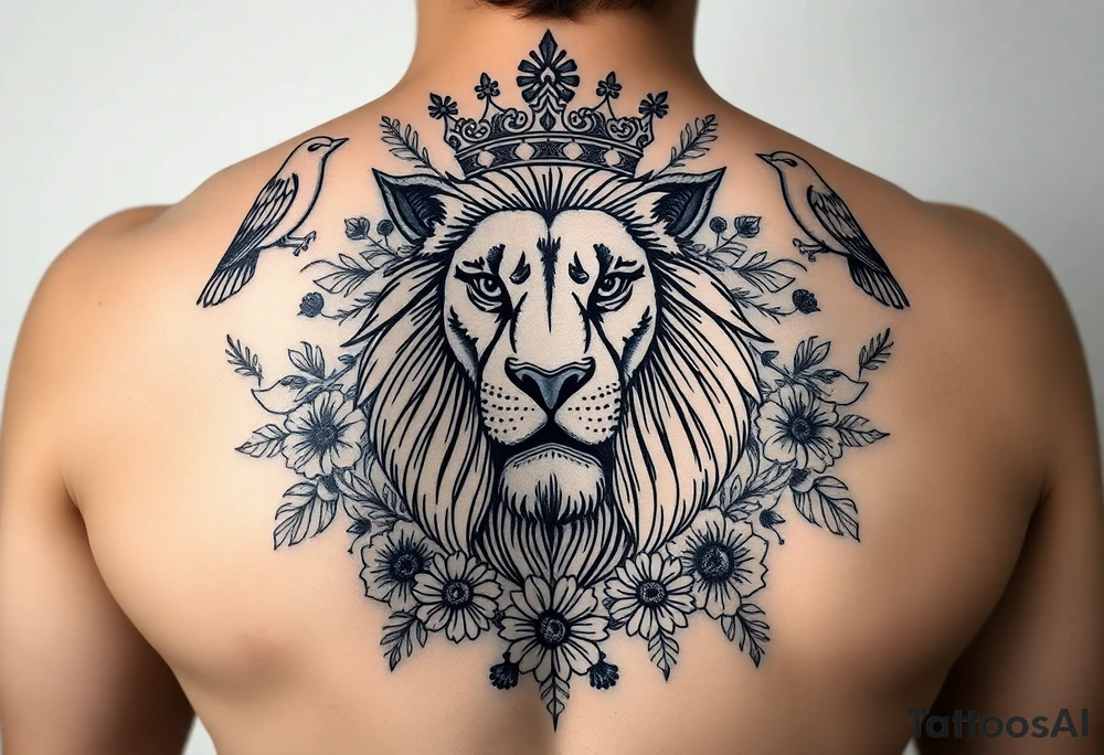 powerful majestic lion with a crown, surrounded by floral ornaments and birds tattoo idea