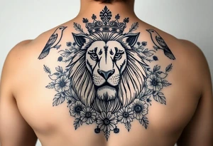powerful majestic lion with a crown, surrounded by floral ornaments and birds tattoo idea