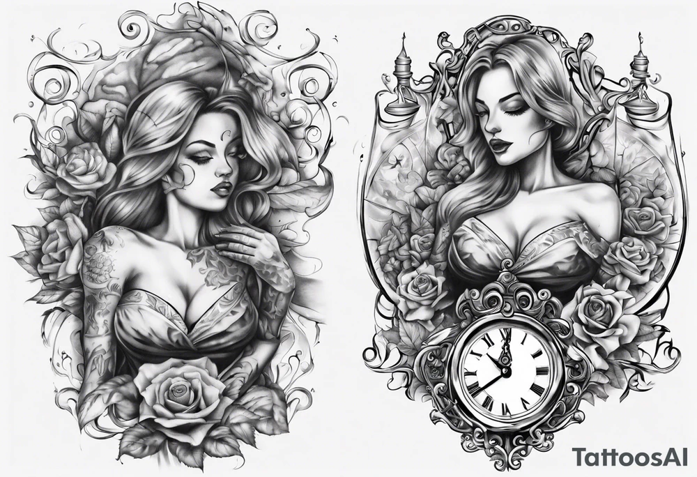 lots of filagree on the chest going onto the shoulder.  include an hour glass tattoo idea