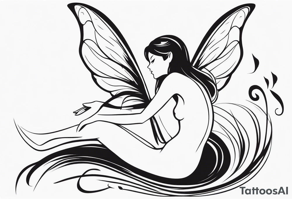Minimalistic, monochromatic fairy with a tail flying to the left in a fetal position, leaning and looking in the same direction, with visible hands, embodying the 'Fairy Tail' logo aesthetic. tattoo idea