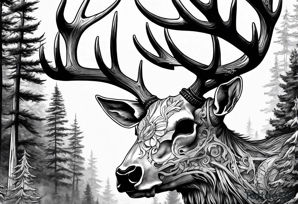 A side view of a decayed deer skull with no skin surrounded by trees and fire tattoo idea