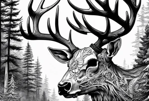 A side view of a decayed deer skull with no skin surrounded by trees and fire tattoo idea