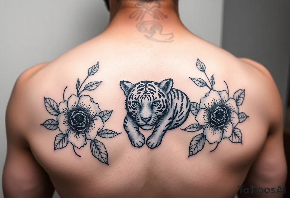 Floral tattoo with baby tiger tattoo idea