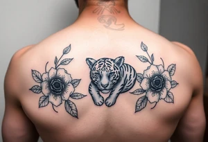 Floral tattoo with baby tiger tattoo idea