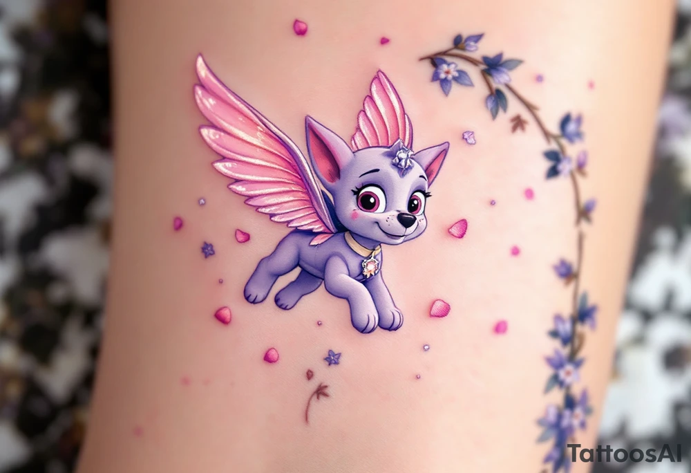 Skye from paw patrol flying gracefully above a wedding arch, her wings shimmering in soft pink and lavender hues, with delicate petals falling around her. The arch is adorned with ivy and small white flowers, symbolizing love and unity. tattoo idea