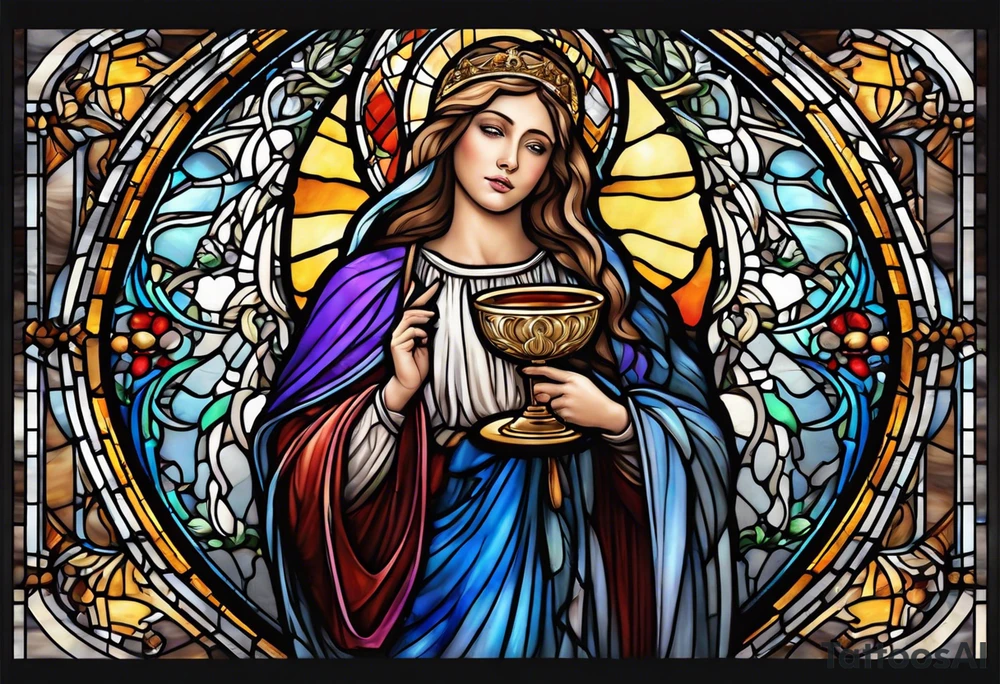 holy saint woman with halo stained glass holding a chalice tattoo idea