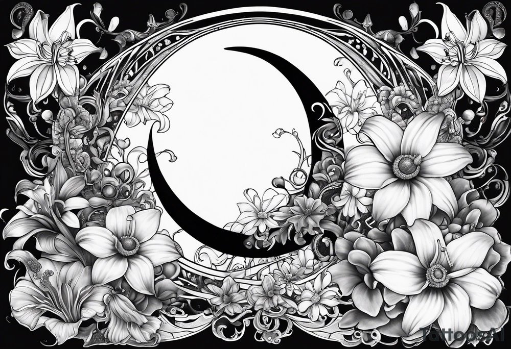 Crescent moon with daisy's, lily’s, crystals, and mushrooms tattoo idea