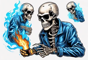 A skeleton welding with blue fire behind, with a welding mask tattoo idea