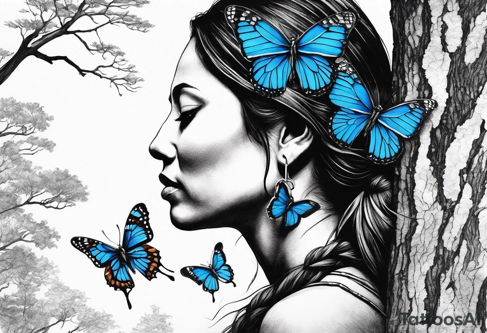 Tree with upper left branches forming a native American woman's face as she looks down onto the trees base and a lonely woman kneels there with 1 blue butterfly tattoo idea