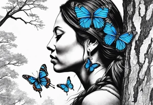 Tree with upper left branches forming a native American woman's face as she looks down onto the trees base and a lonely woman kneels there with 1 blue butterfly tattoo idea