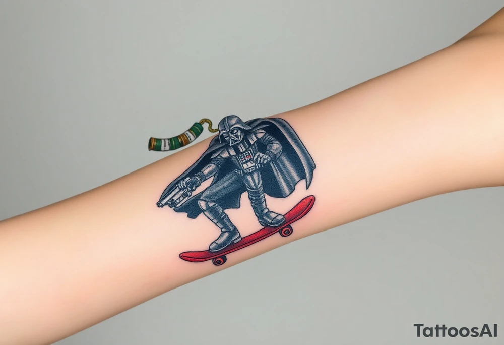 Darth Vader skateboarding with gun> bullets > memorial > god > colors > futuristic/space/star wars
add name "Darth Carter" on skateboard
add date 12/29/88-01/06/24 tattoo idea