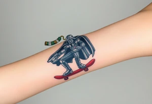 Darth Vader skateboarding with gun> bullets > memorial > god > colors > futuristic/space/star wars
add name "Darth Carter" on skateboard
add date 12/29/88-01/06/24 tattoo idea