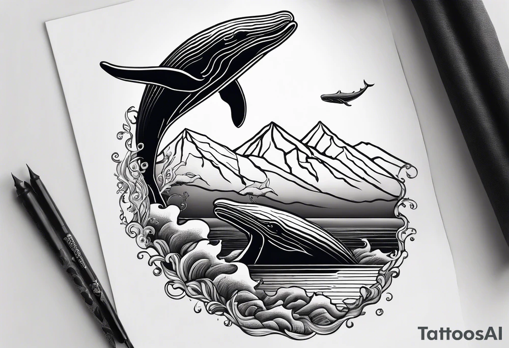 breaching humpback whale with a drawing of the Rocky mountains  inside of it's tale tattoo idea