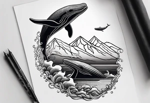 breaching humpback whale with a drawing of the Rocky mountains  inside of it's tale tattoo idea