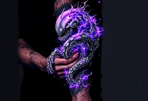 A biomechanical structure crawling up from the palm in brushed aluminum, surrounded by glowing violet circuitry and torn muscle detail. tattoo idea
