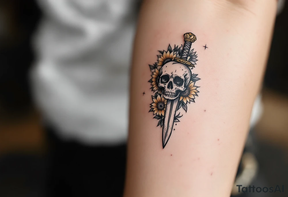 Skull, heart and dagger with roses and sunflowers tattoo idea
