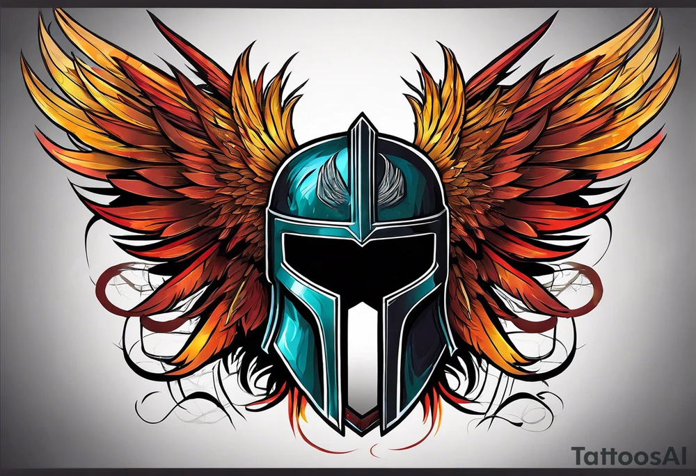 A Spartan Helmet with a phoenix encompassing it. The head of the phoenix would be above it and the wings would go around it and the tail would be below it tattoo idea