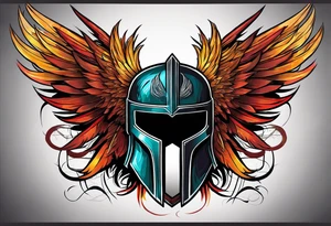A Spartan Helmet with a phoenix encompassing it. The head of the phoenix would be above it and the wings would go around it and the tail would be below it tattoo idea