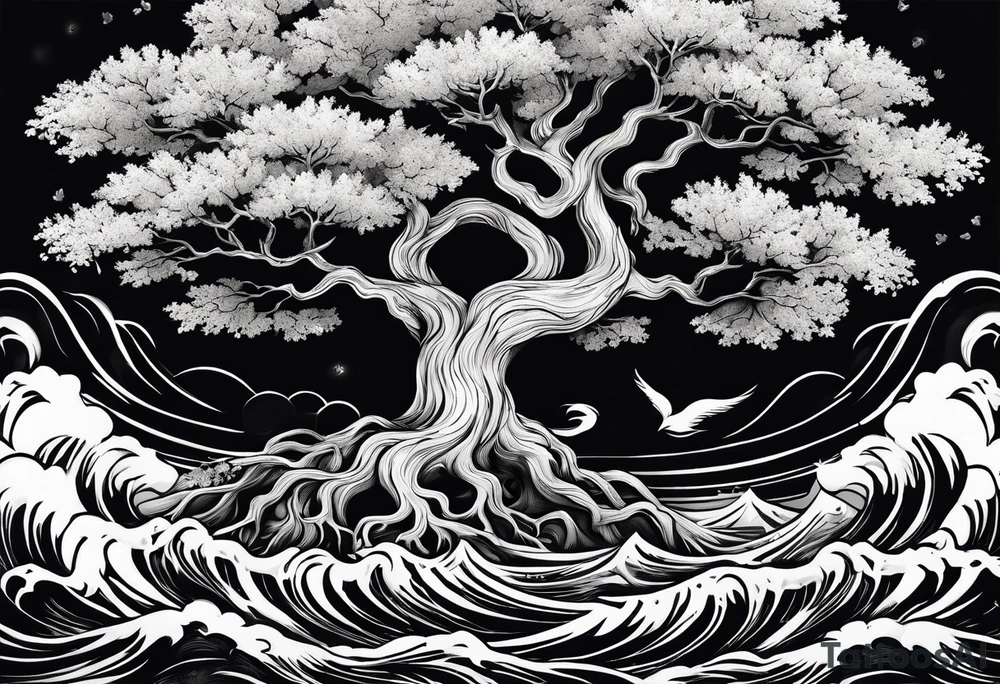 oak tree with phoenix  and roots growing around calming waves for forearm tattoo idea