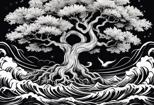 oak tree with phoenix  and roots growing around calming waves for forearm tattoo idea