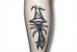 Which is broom with a witches hat with vines and feathers on your leg 
Smaller broom with hat placed on top or in the middle tattoo idea